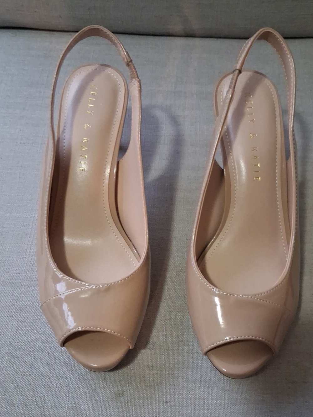 Kelly & Katie Nude Patent Peep-Toe Slingback Heels
